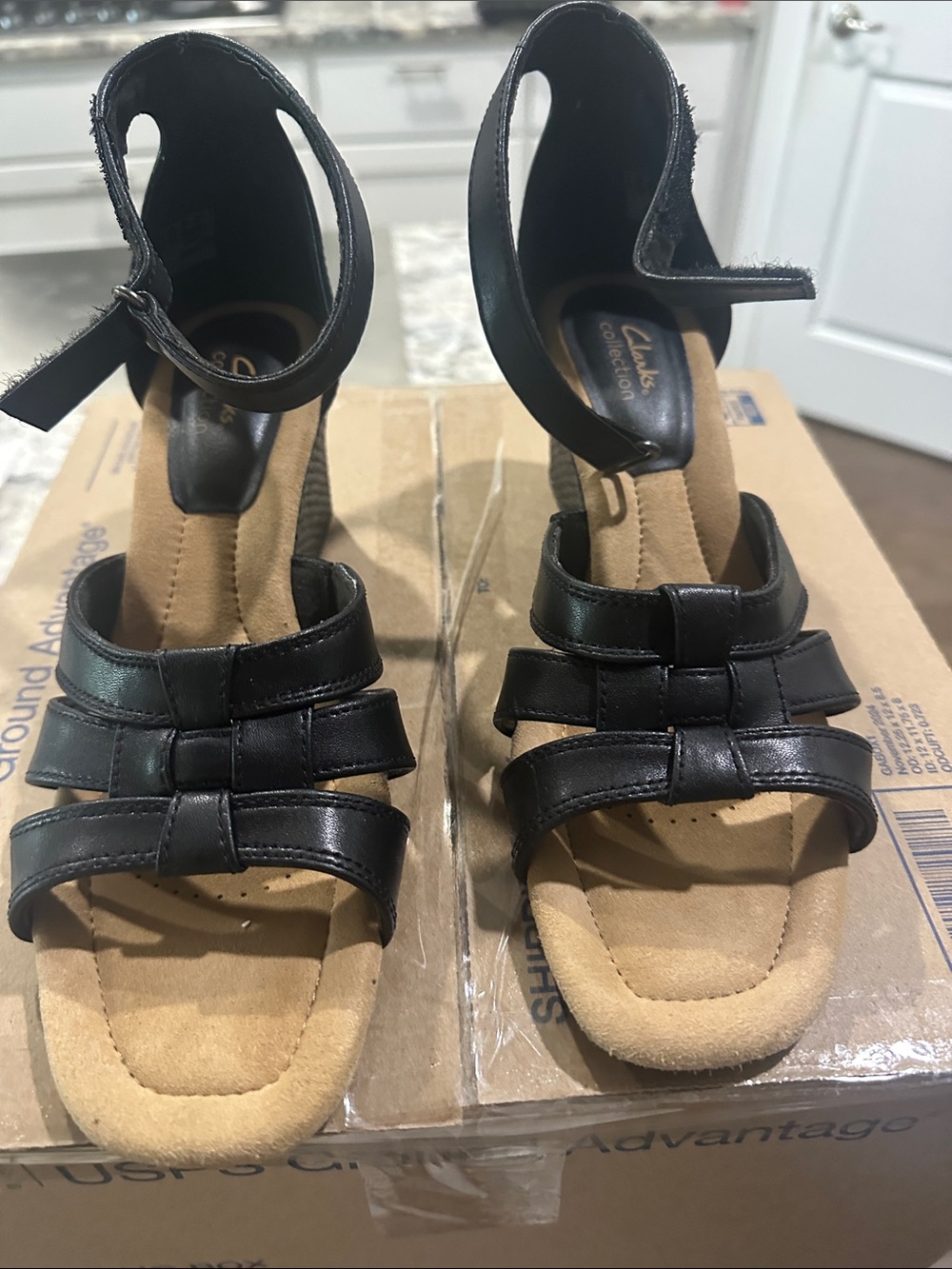 Clarks Black Leather Strappy Ankle-Wrap Heels